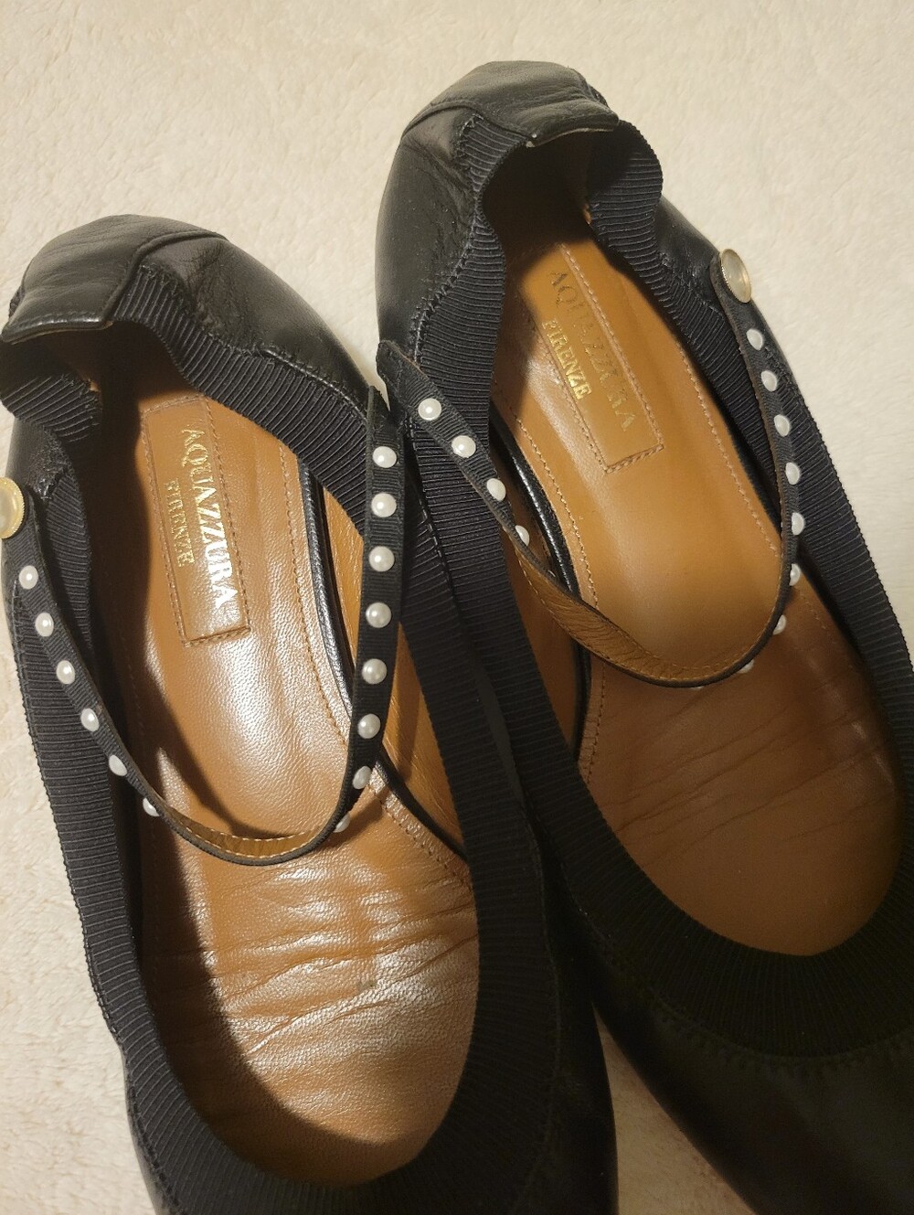 Aquazzura Black Pointed-Toe Pearl-Trim Flats - Picture 2 of 4